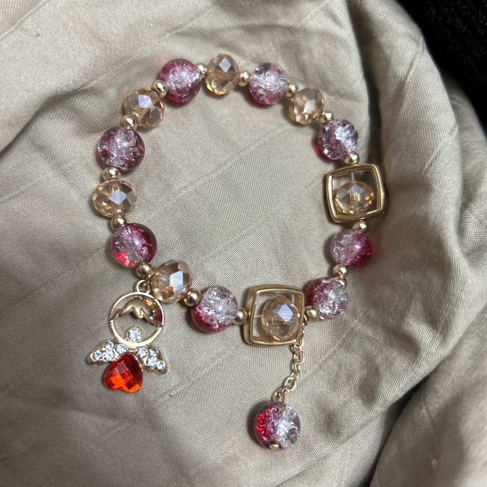 Gold-tone with Red and Clear Glass Beaded Bracelet with Angel Charm - Picture 2 of 4